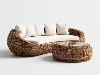 Conjunto de sofá y sillón para exterior en ratán sintético y tela - sofá 205x90x78 cm - beige/ratán natural - para jardín - diseño moderno-Nestleixe