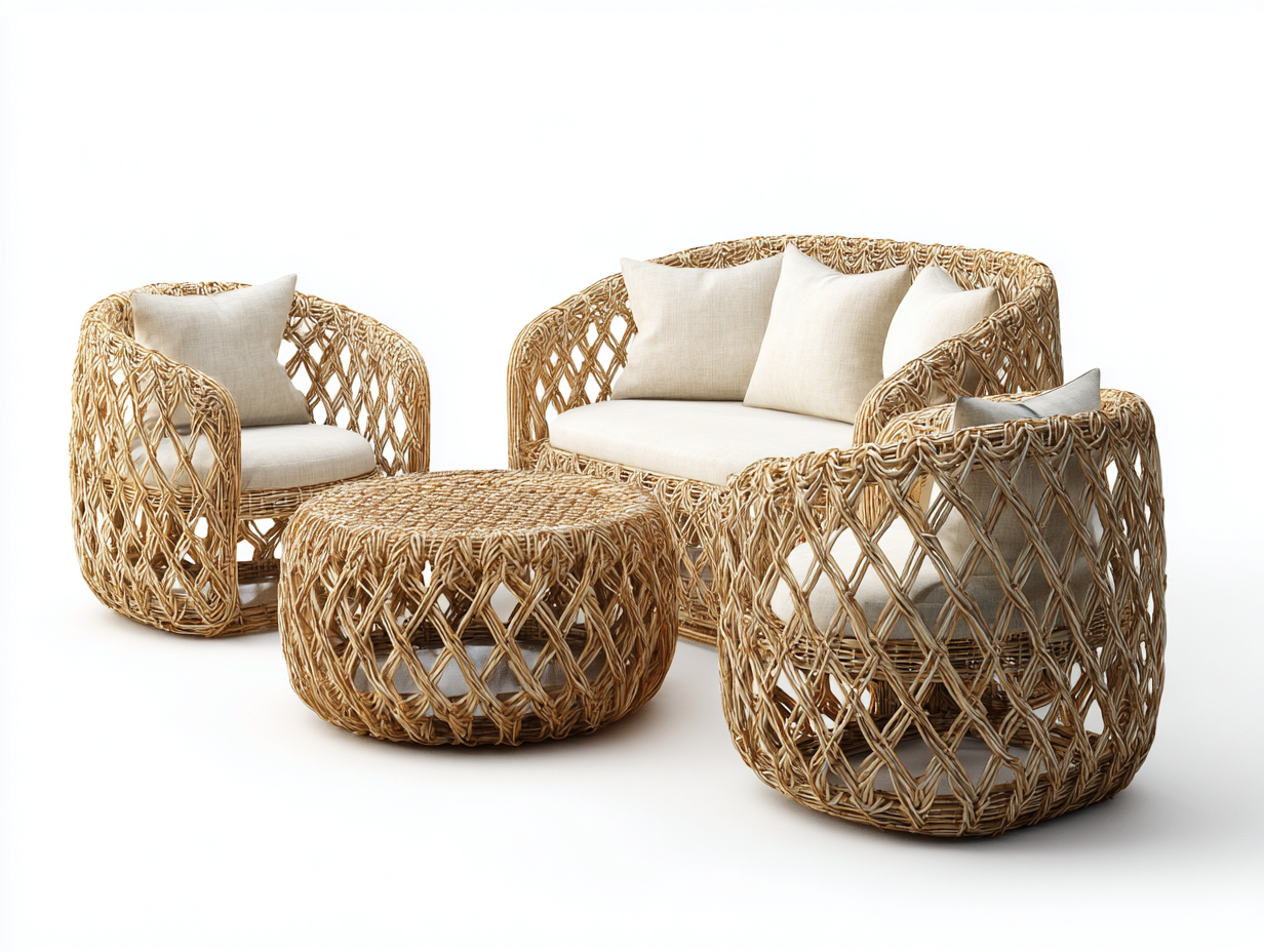 Conjunto de sofá y sillón para exterior en ratán sintético y tela - sofá 165x78x80 cm - beige/ratán natural - para jardín - diseño moderno-Nestleixe
