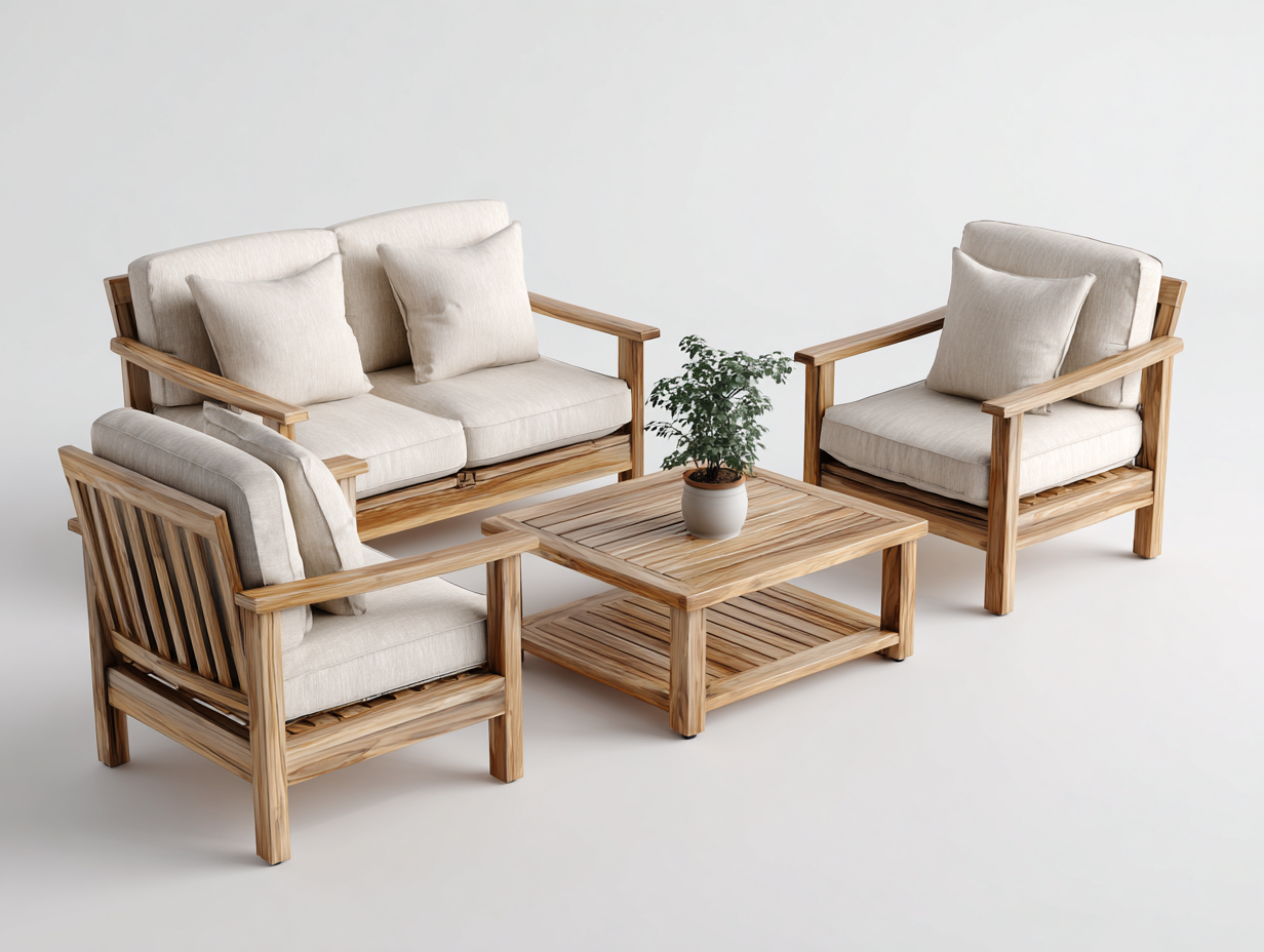 Conjunto de sofá y sillón para exterior en madera de teca y tela - sofá 175x85x78 cm - beige/madera natural - para jardín - diseño moderno-Nestleixe