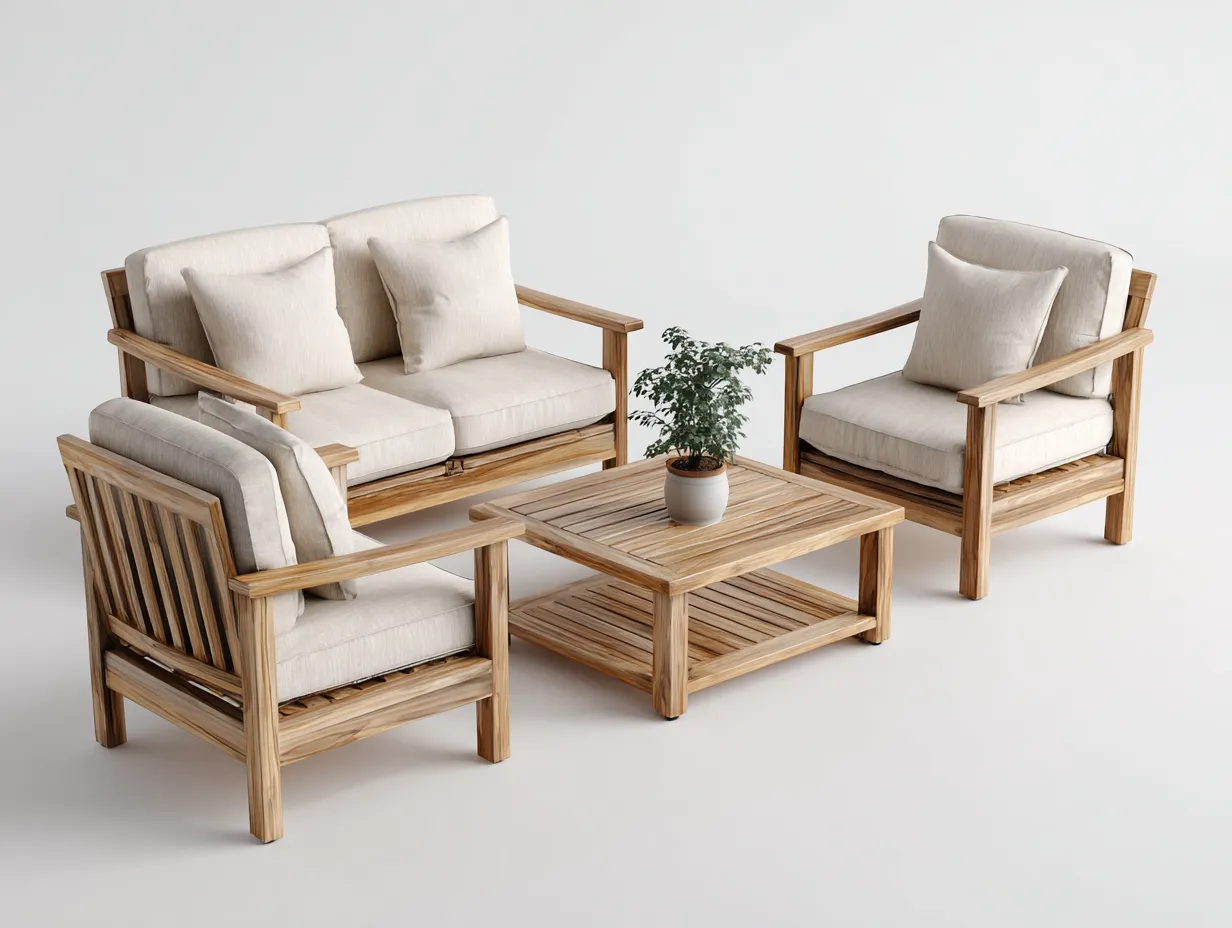 Conjunto de sofá y sillón para exterior en madera de teca y tela - sofá 175x85x78 cm - beige/madera natural - para jardín - diseño moderno-Nestleixe