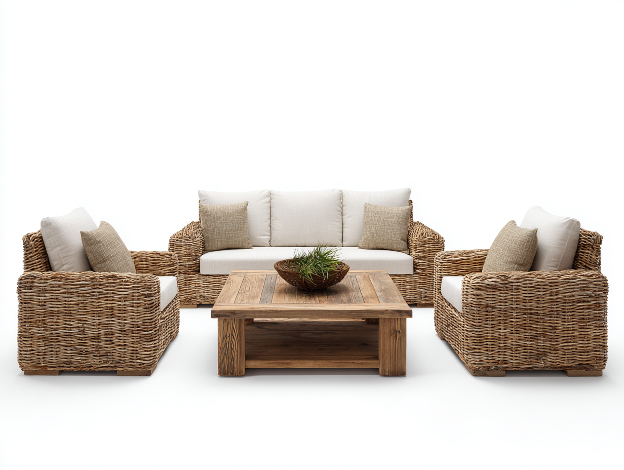 Conjunto de sofá y sillón para exterior en ratán sintético y tela - sofá 200x95x78 cm - beige/ratán natural - para jardín - diseño moderno-Nestleixe