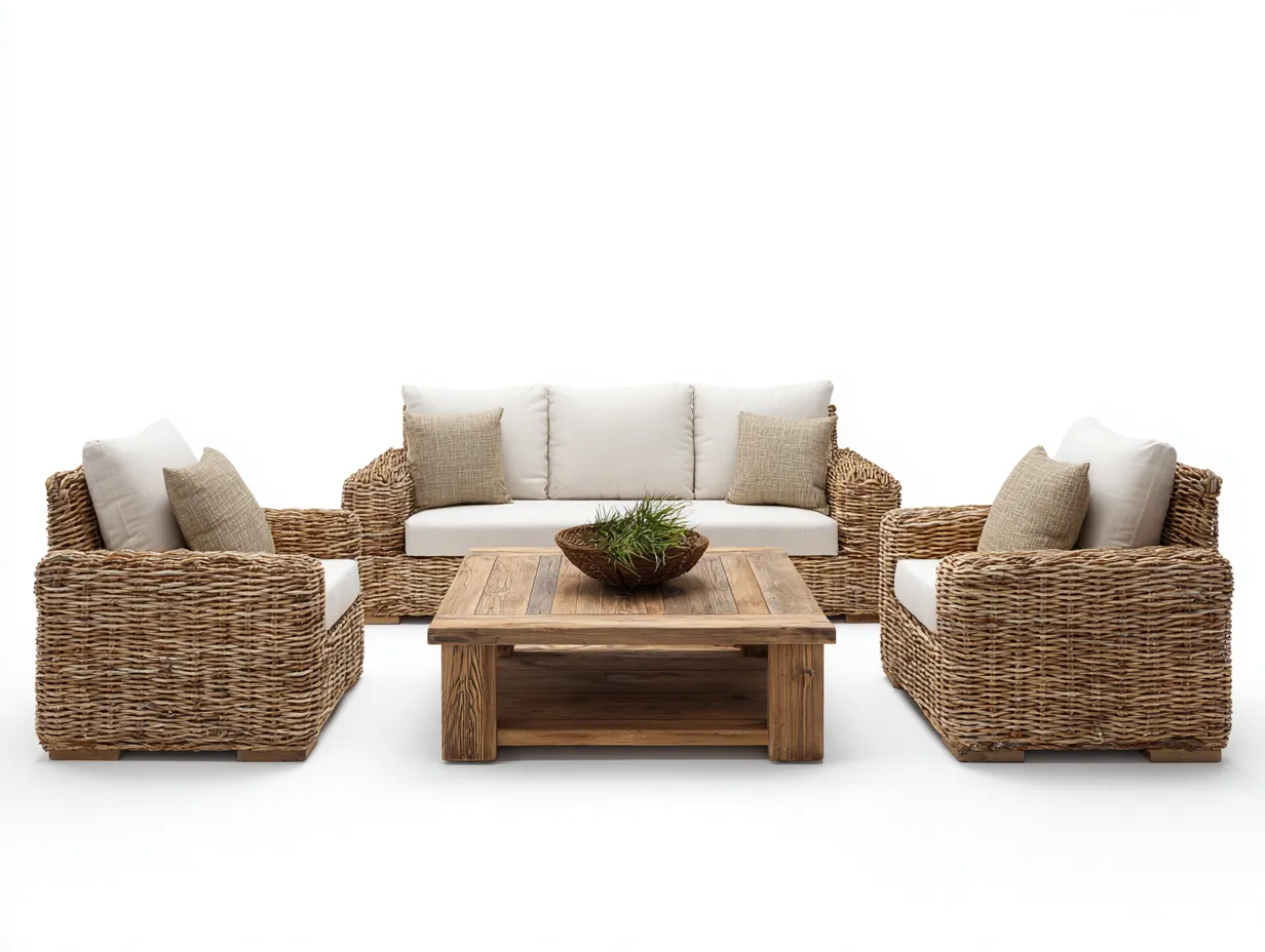 Conjunto de sofá y sillón para exterior en ratán sintético y tela - sofá 200x95x78 cm - beige/ratán natural - para jardín - diseño moderno-Nestleixe