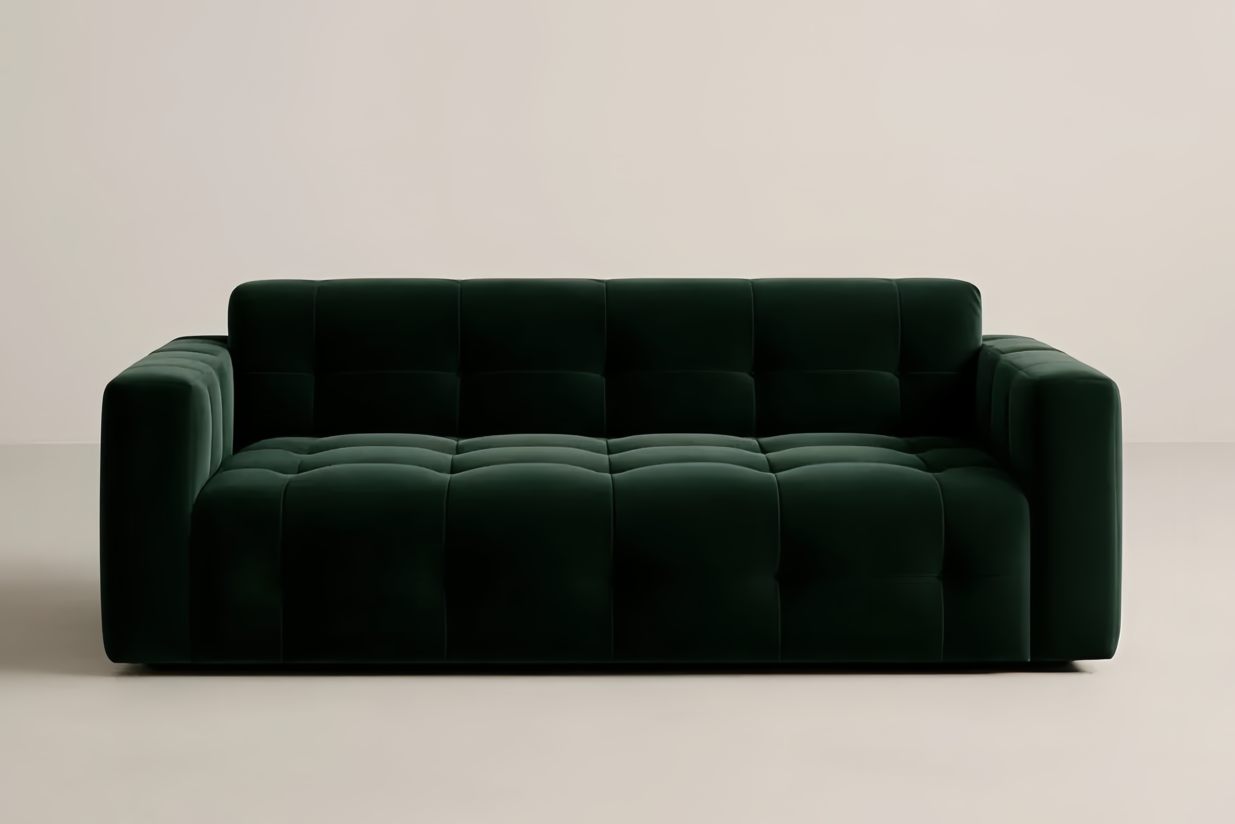 Divano in velluto verde scuro a due posti con braccioli larghi