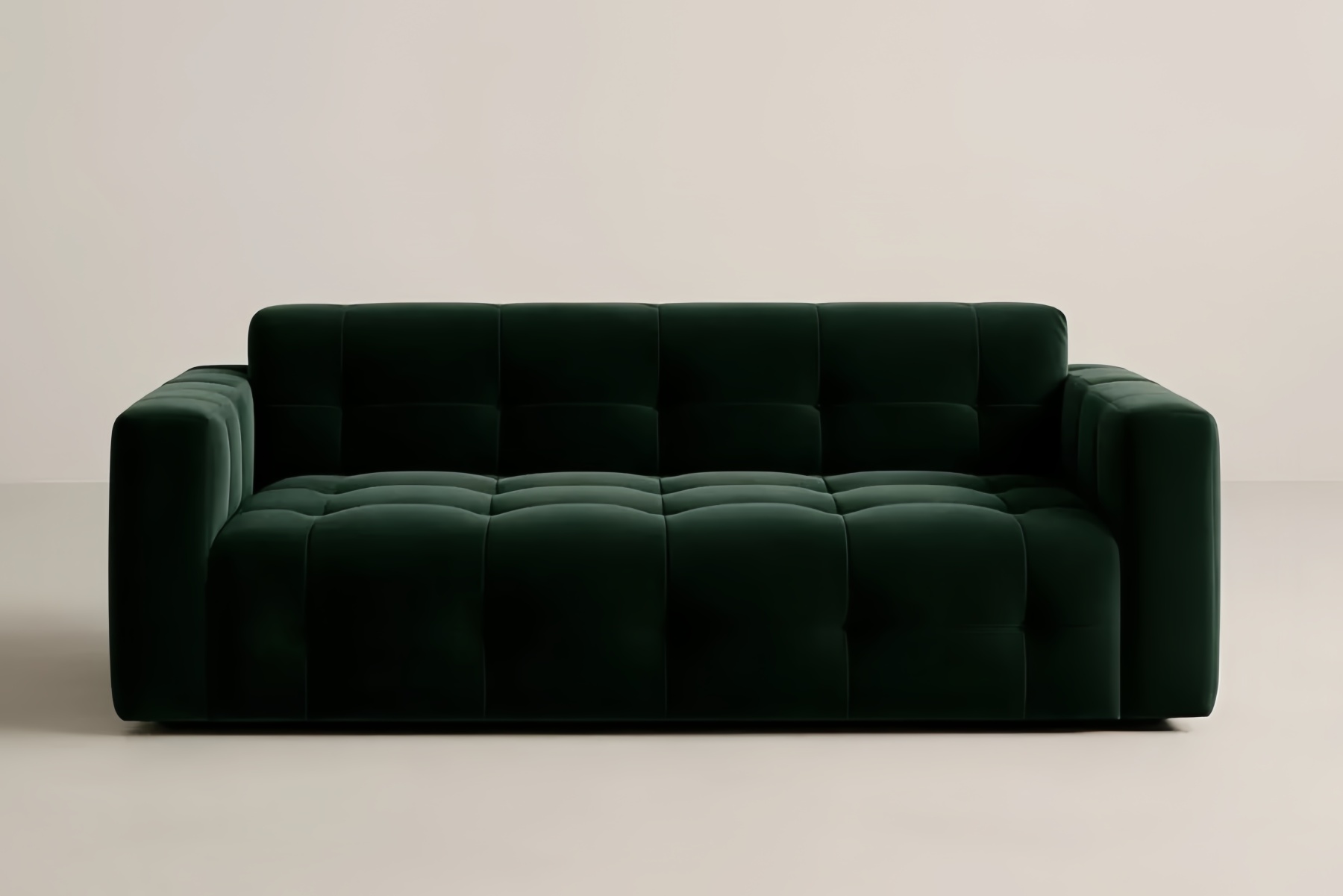 Divano in velluto verde scuro a due posti con braccioli larghi