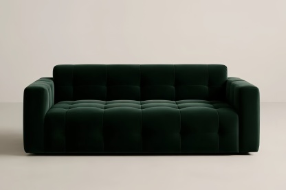 Divano in velluto verde scuro a due posti con braccioli larghi