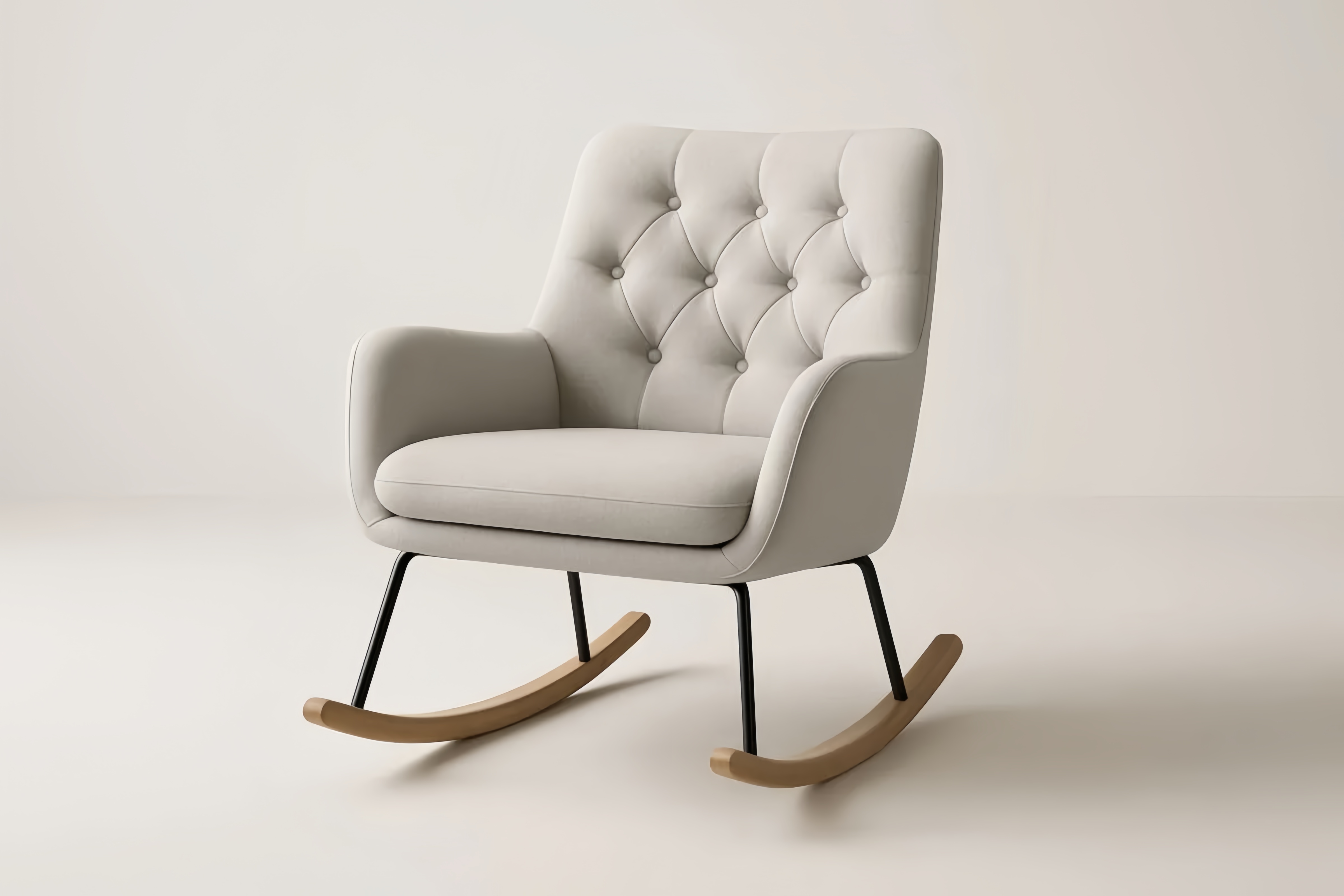 Sedia a Dondolo in Tessuto Grigio con Base in Legno e Gambe in Metallo