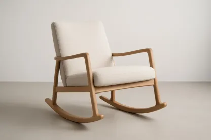 Sedia a dondolo in legno massello e tessuto poliestere beige, con cuscino