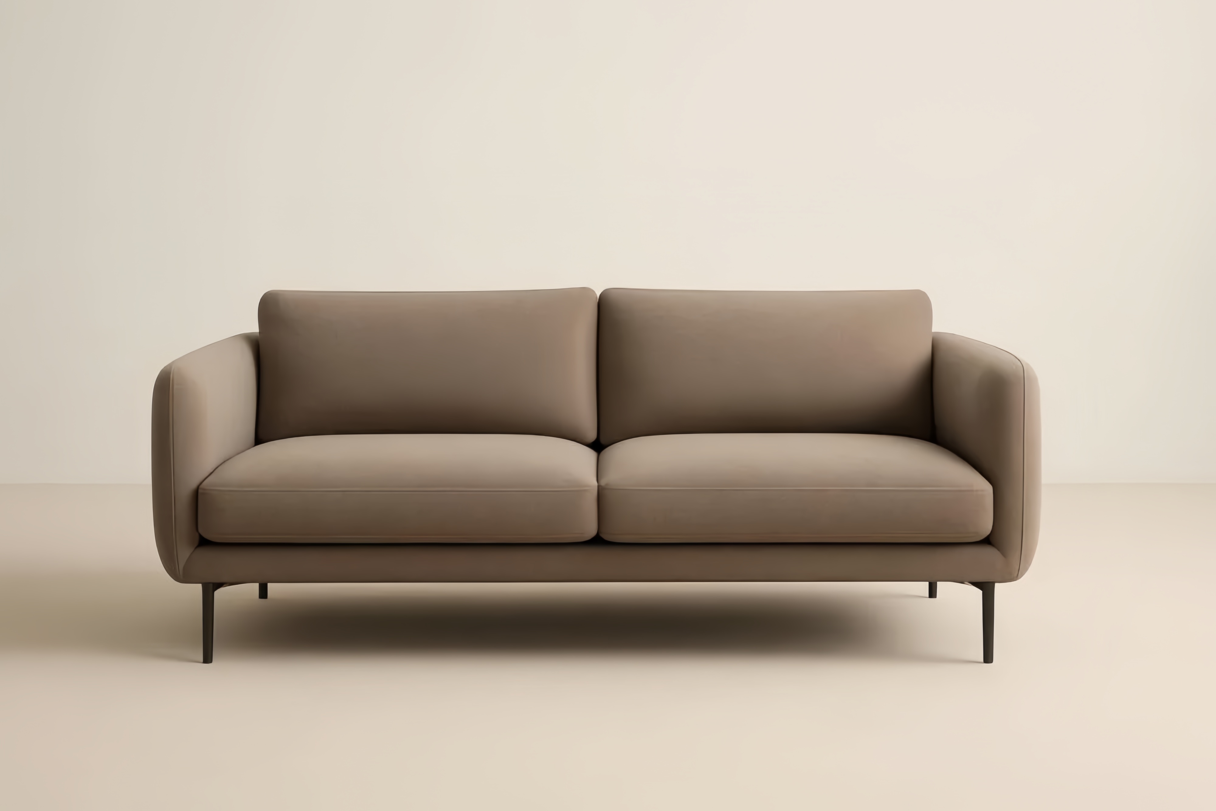 Divano a 2 posti in tessuto poliestere marrone con struttura in legno massello e gambe in acciaio