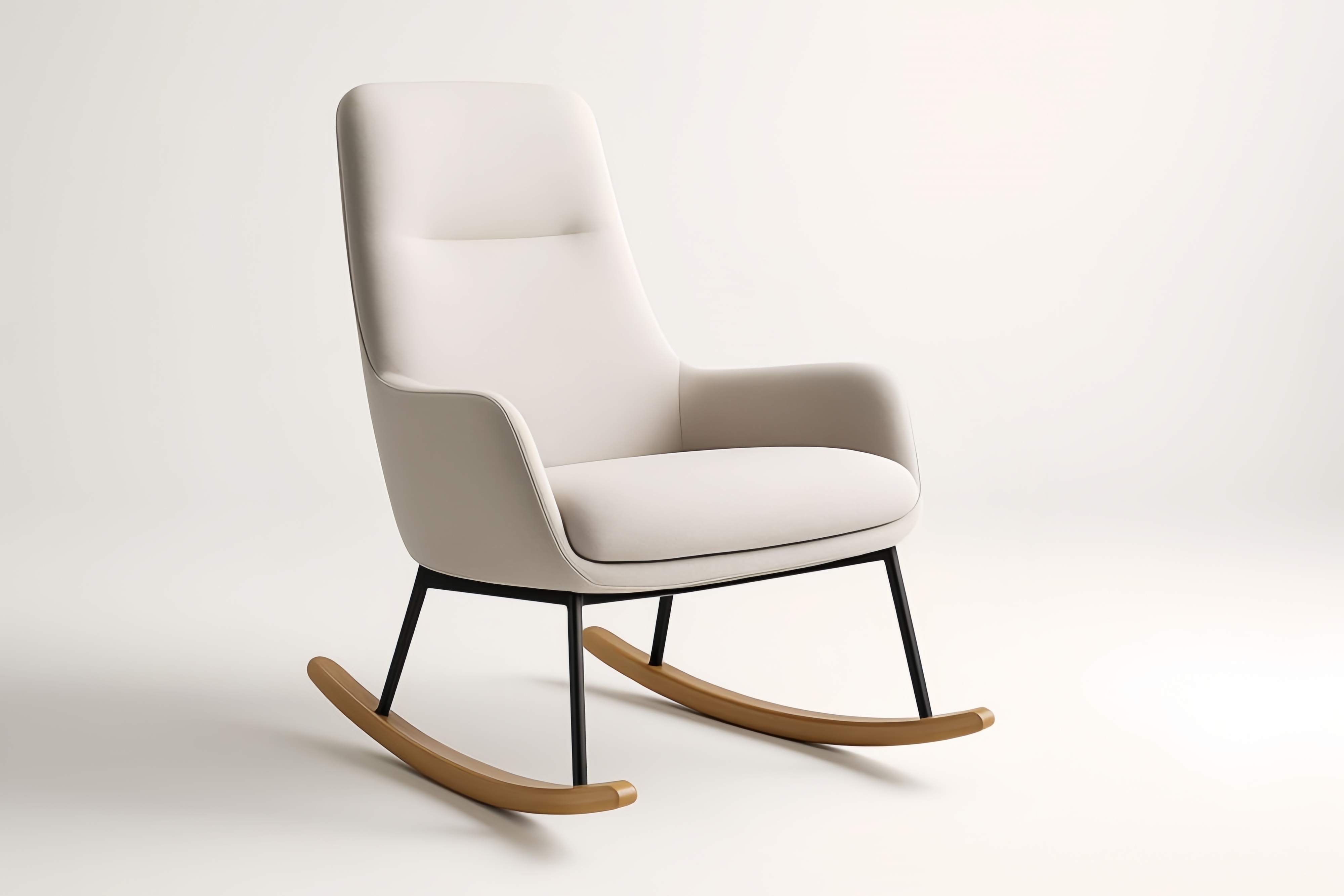 Sedia a dondolo in tessuto di poliestere beige con struttura in acciaio e base in legno massello