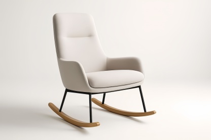 Sedia a dondolo in tessuto di poliestere beige con struttura in acciaio e base in legno massello