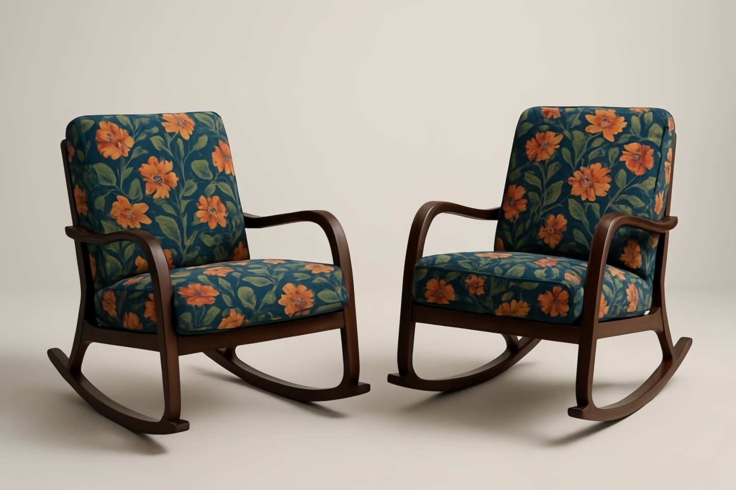 Set di 2 Sedie a Dondolo in Legno con Rivestimento Floreale Blu e Arancione