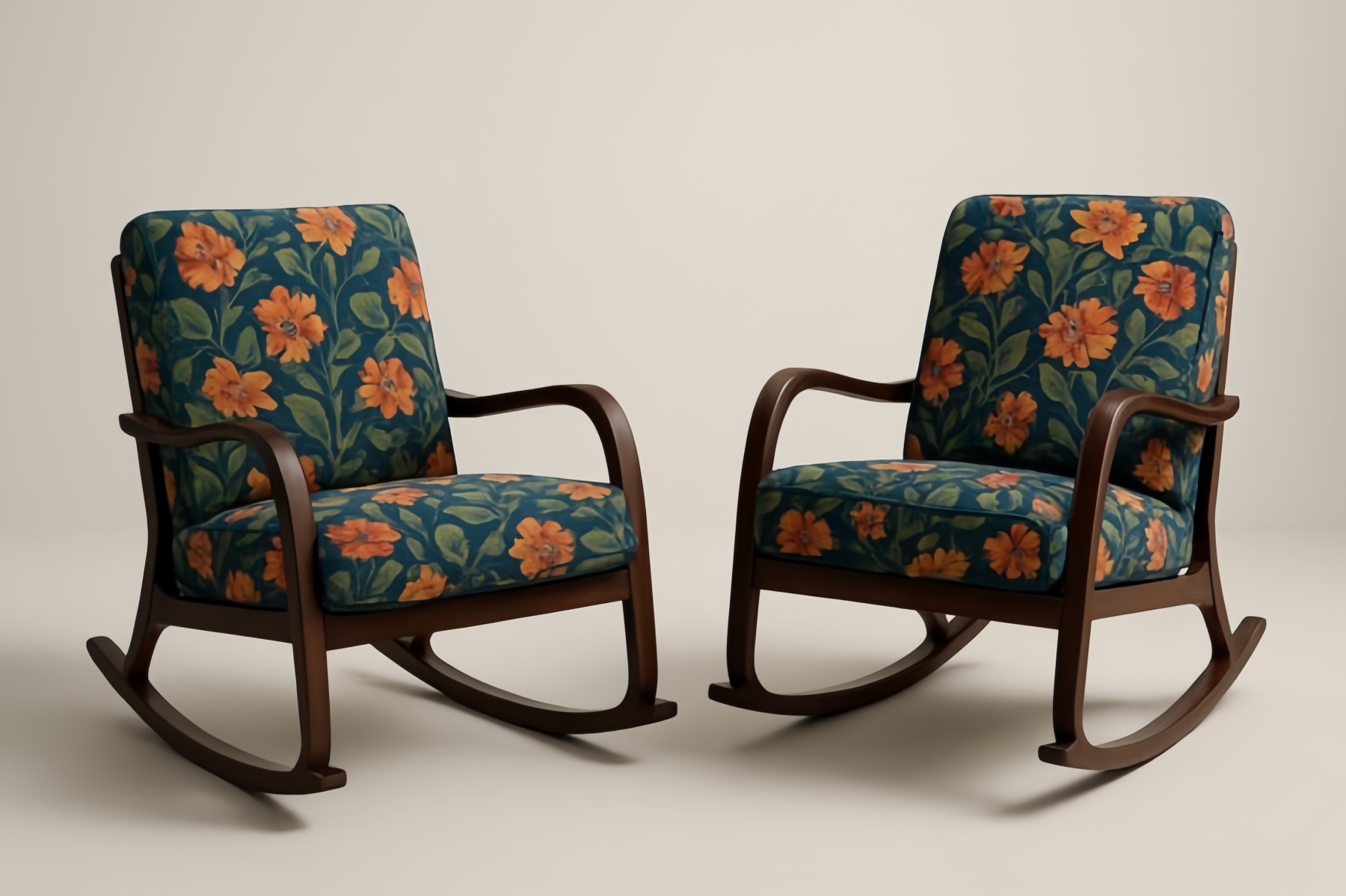 Set di 2 Sedie a Dondolo in Legno con Rivestimento Floreale Blu e Arancione