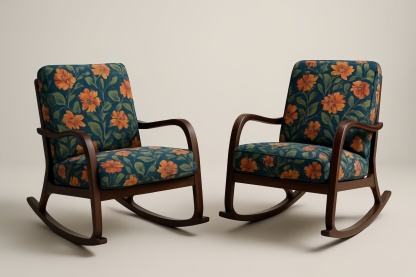 Set di 2 Sedie a Dondolo in Legno con Rivestimento Floreale Blu e Arancione