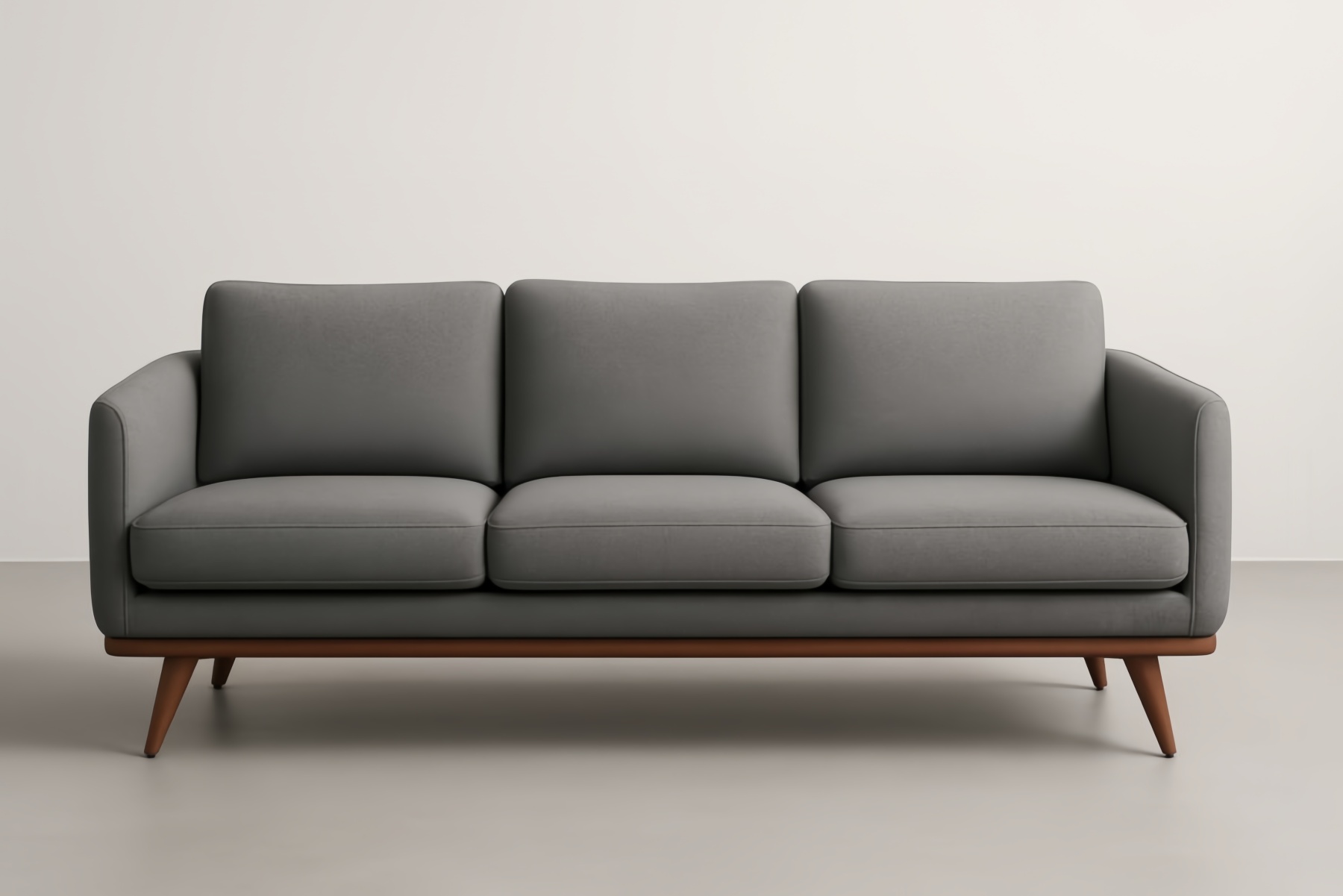 Divano lungo in tessuto di poliestere grigio con base in legno massello