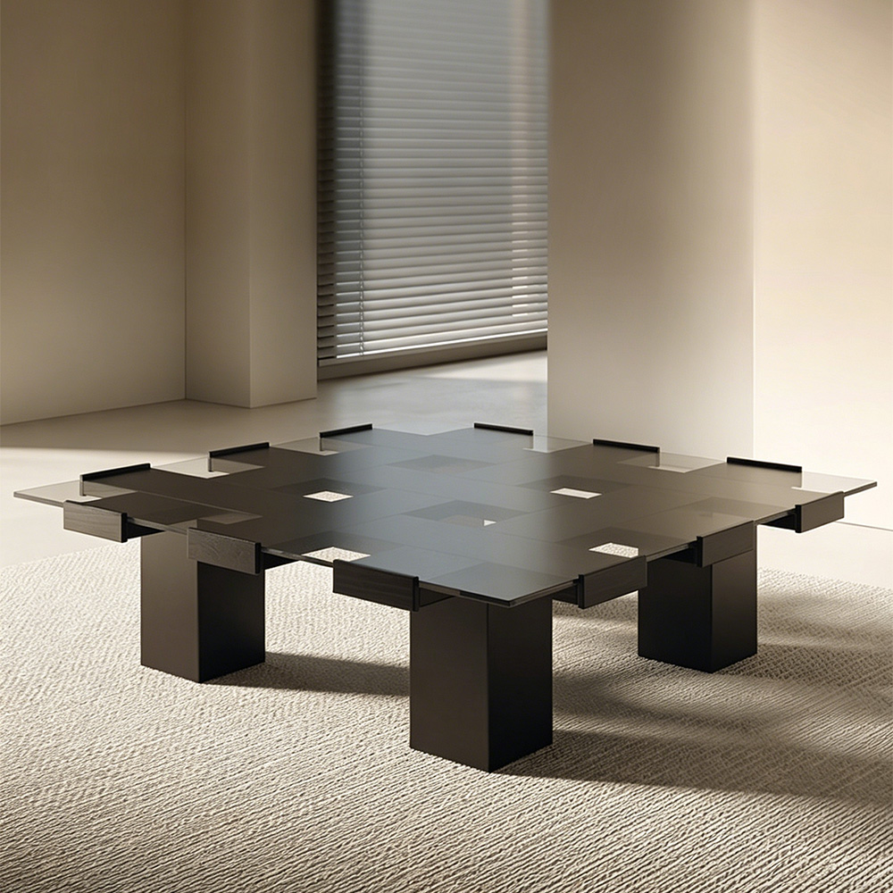 Tempered Glass Black Solid Wood Coffee Table