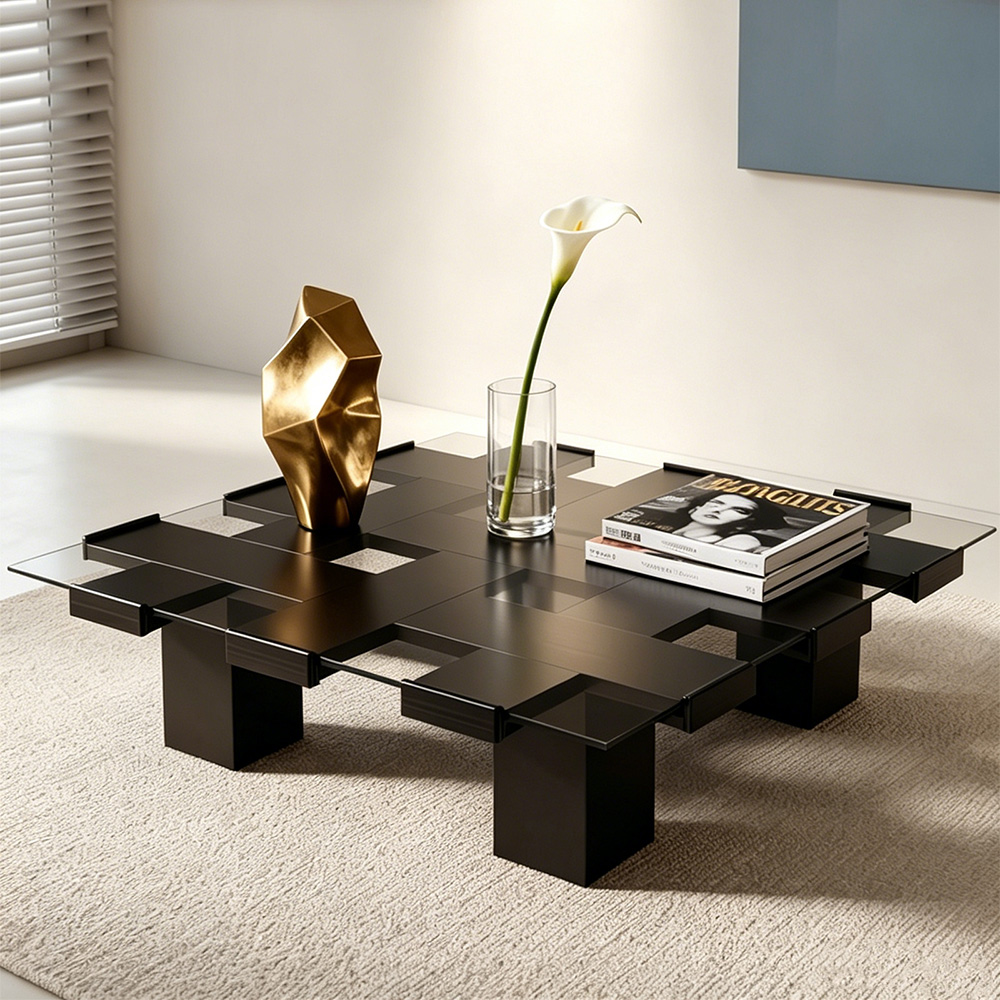 Tempered Glass Black Solid Wood Coffee Table
