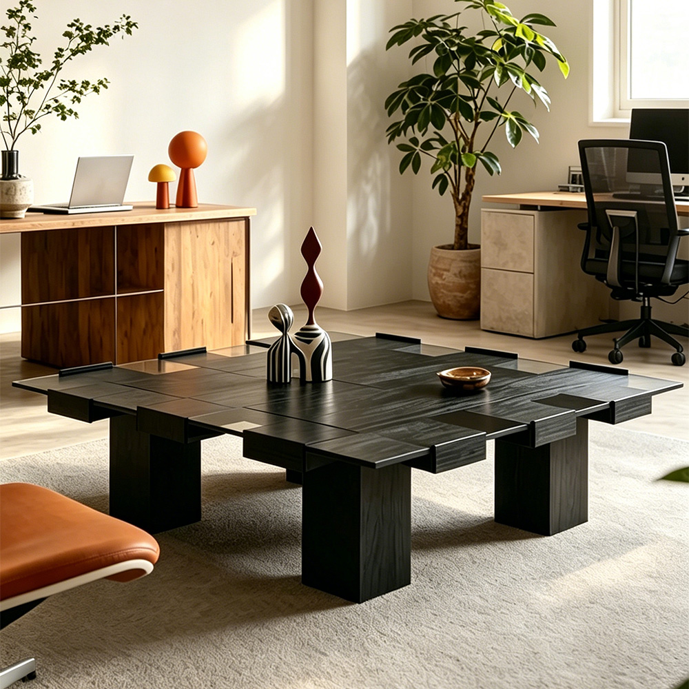 Tempered Glass Black Solid Wood Coffee Table