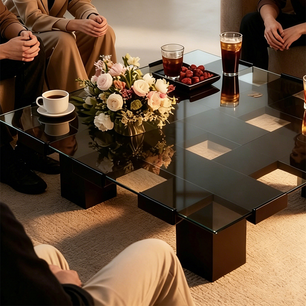 Tempered Glass Black Solid Wood Coffee Table
