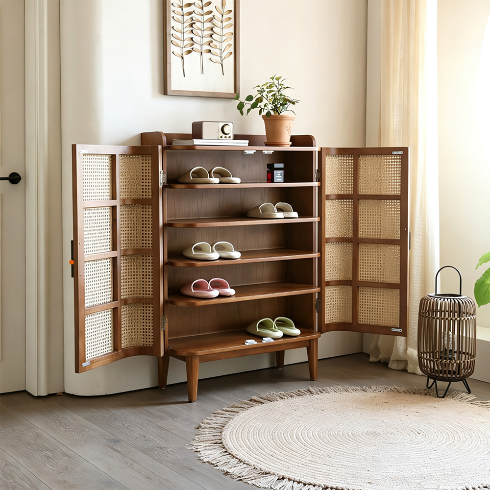 33.1" Wood Rattan Entryway Shoe Cabinet Organizer