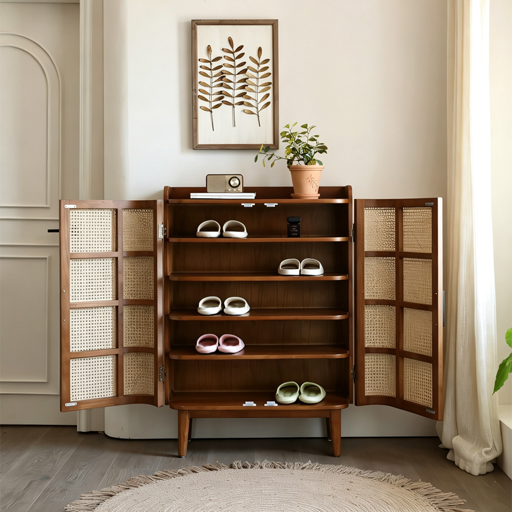 33.1" Wood Rattan Entryway Shoe Cabinet Organizer