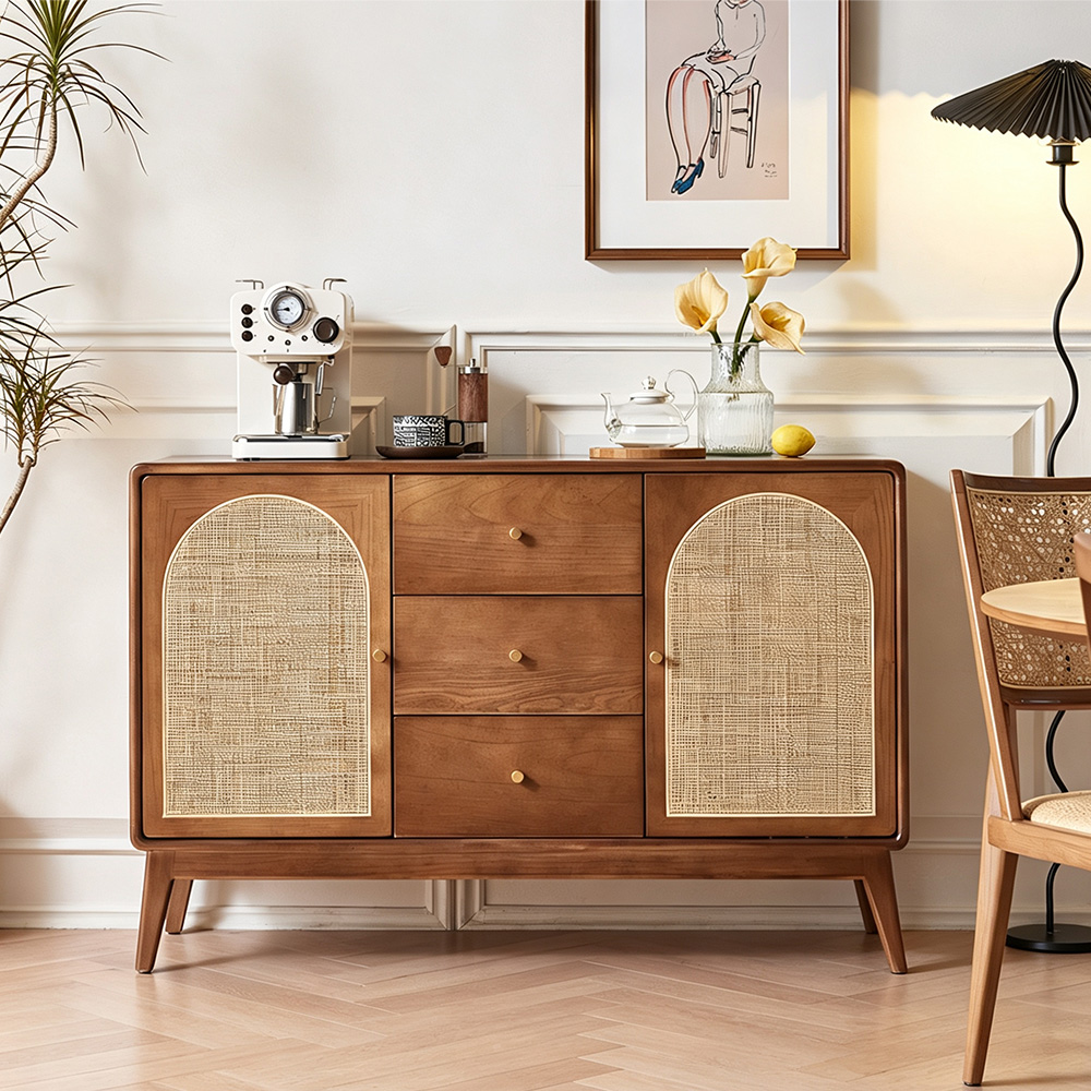 51.2" Multi Storage Solid Wood Sideboard With Woven Rattan Arched Doors Home Dining Furniture