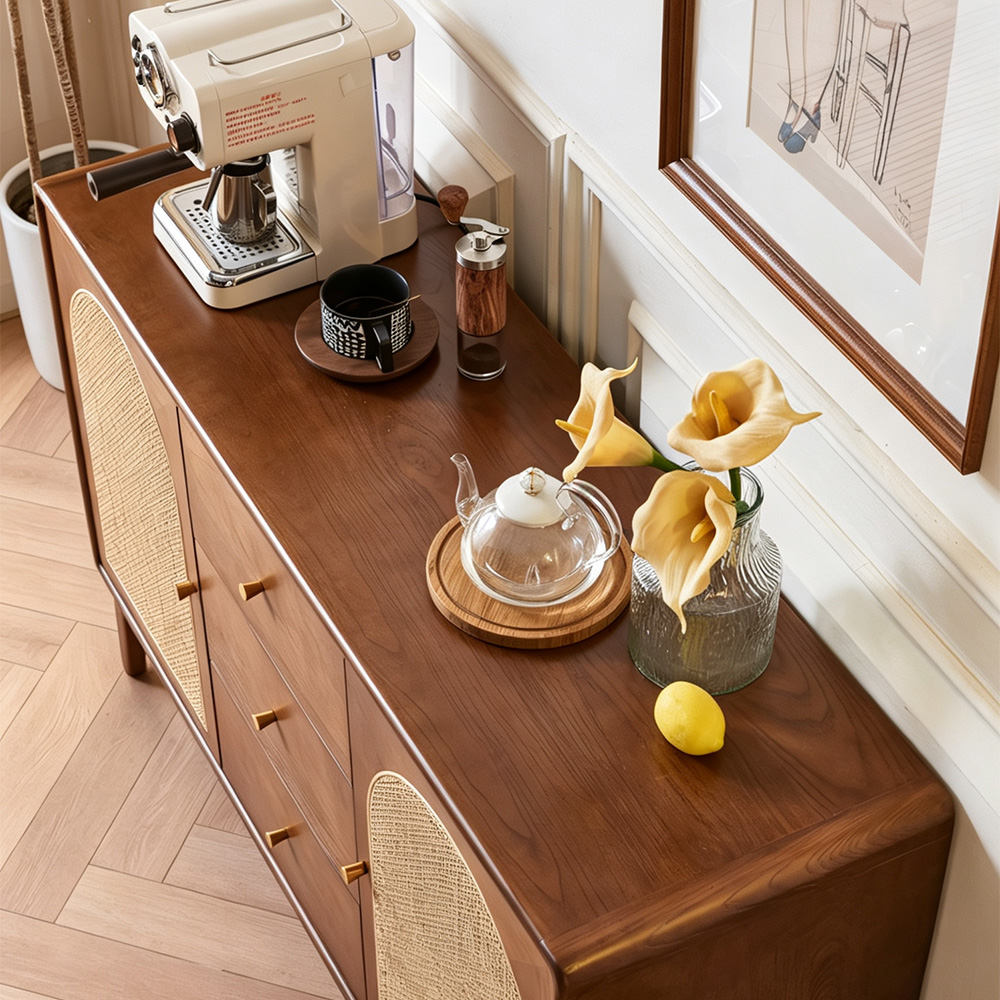 51.2" Multi Storage Solid Wood Sideboard With Woven Rattan Arched Doors Home Dining Furniture