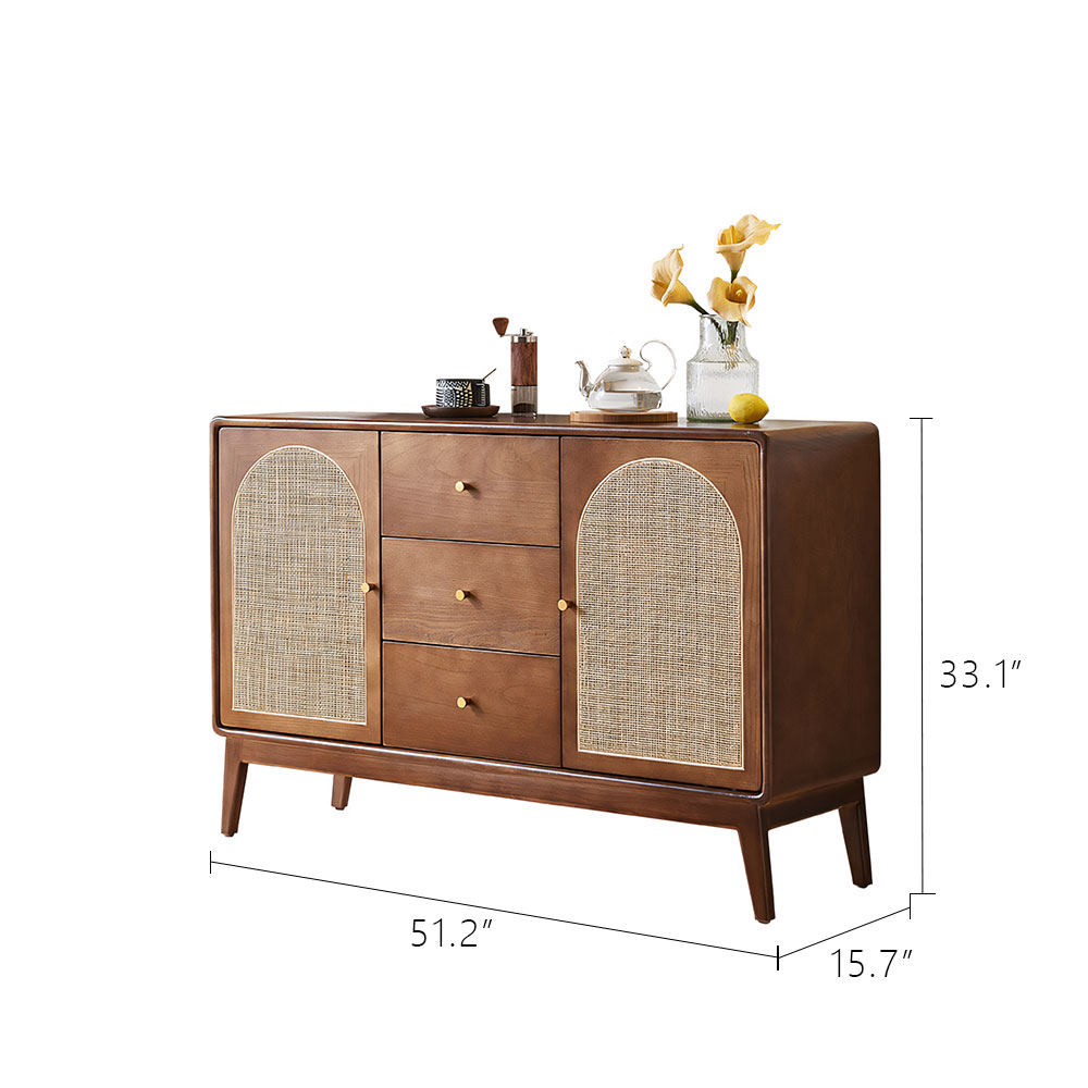 51.2" Multi Storage Solid Wood Sideboard With Woven Rattan Arched Doors Home Dining Furniture