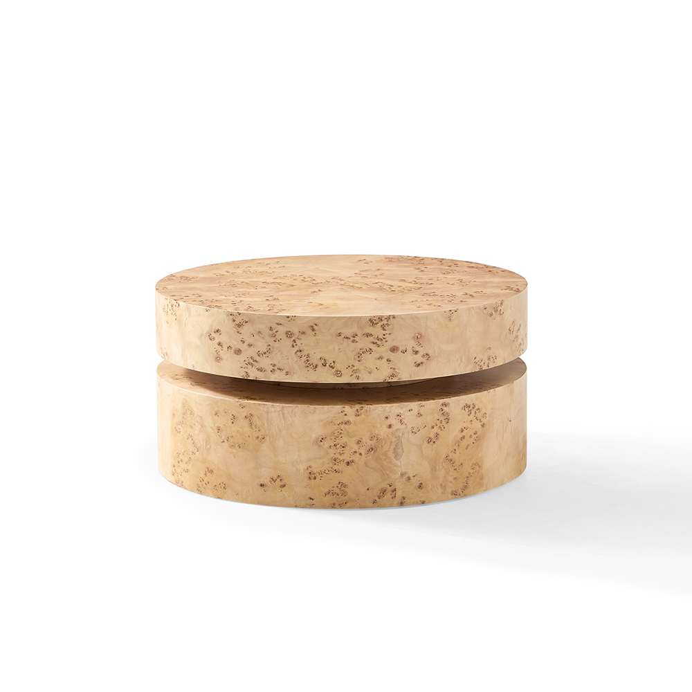 Two Tier Round Natural Burl Wood Veneer Multi Layer Coffee Table