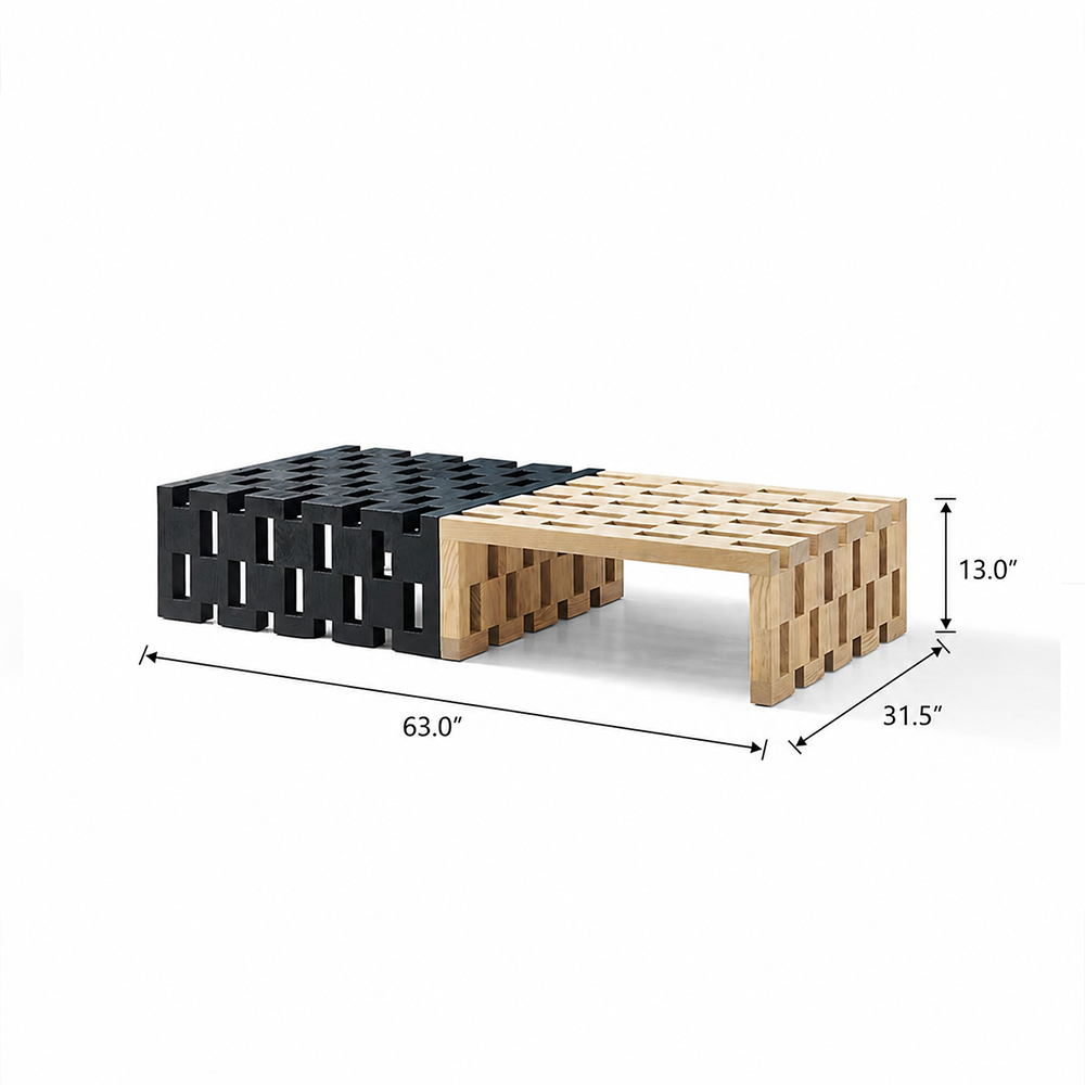 Two Tone Matte Paint Solid Ash Wood Grid Hollow Rectangular Coffee Table