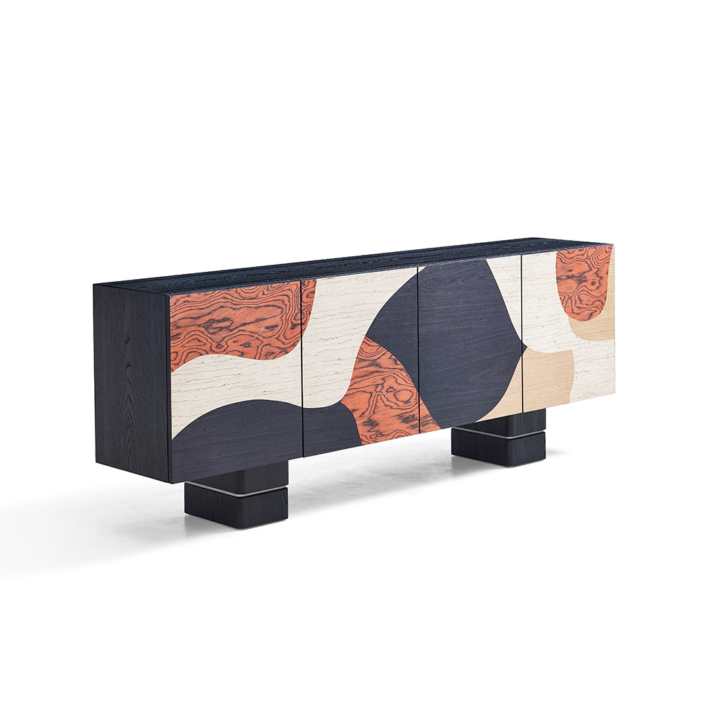 Large Capacity Four Door Abstract Inlay Elm Wood Storage Cabinet