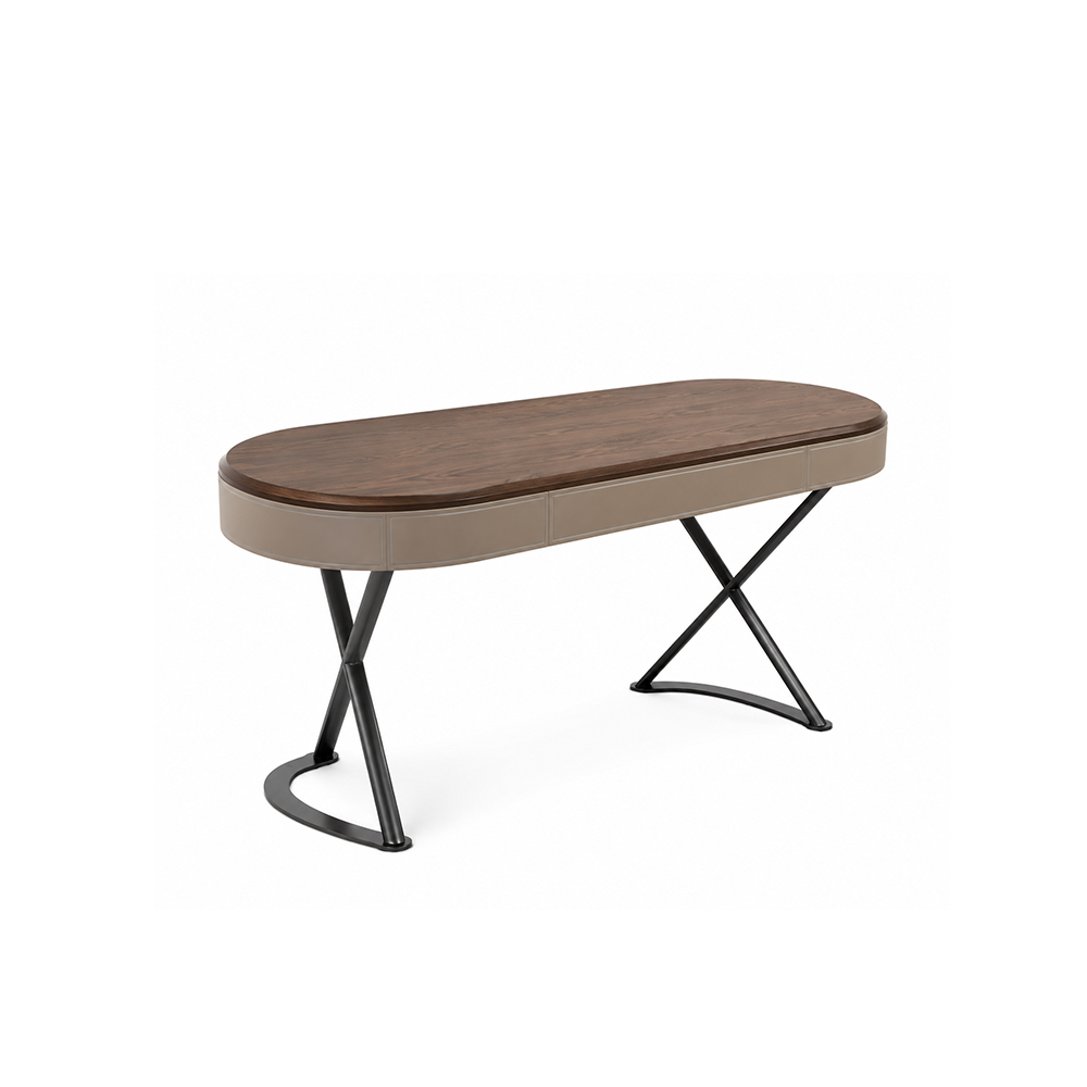Curved Leather Trim Edge Solid Wood Stainless Steel Office Desk