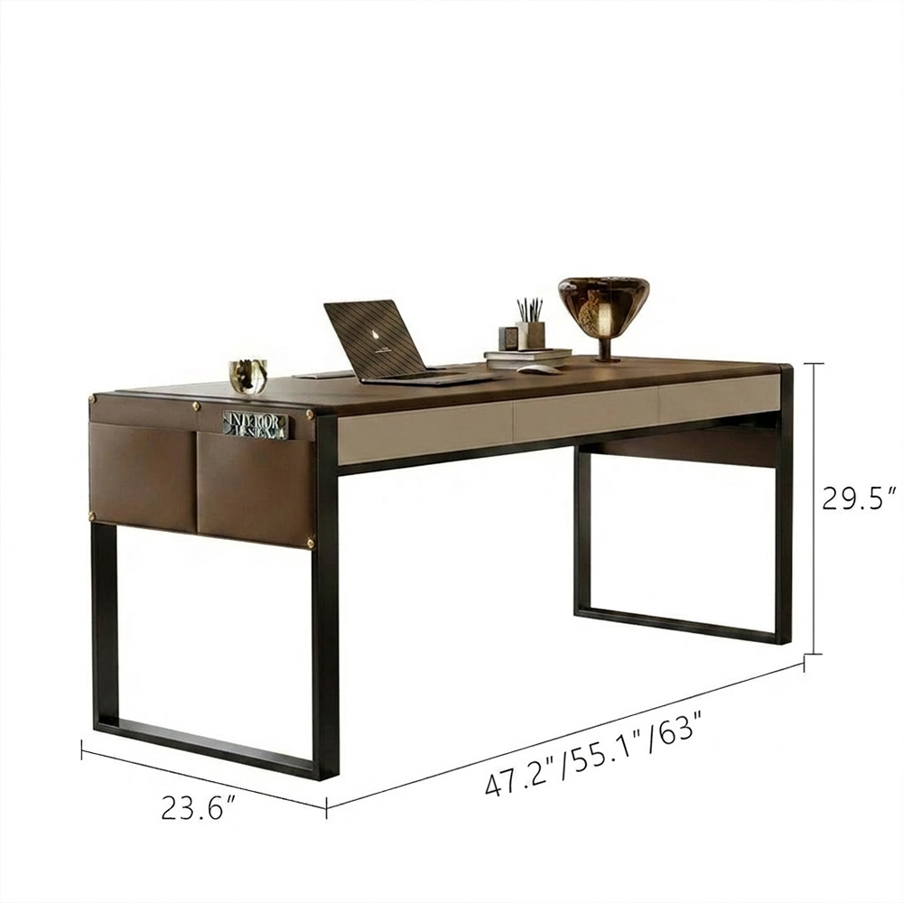 Full Grain Leather Top Solid Wood High Gloss Stainless Steel Writing Desk