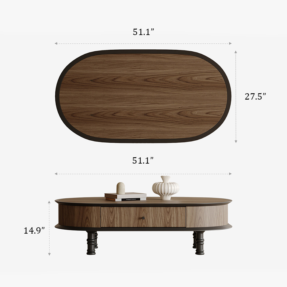 Oval Walnut Veneer Single Drawer Turned Black Leg Coffee Table