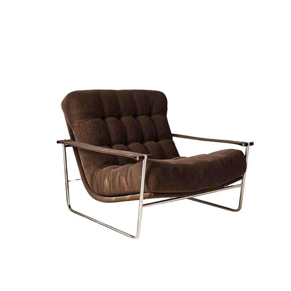 Thick Brown Corduroy Grid Tufted Chrome Cantilever Lounge Chair