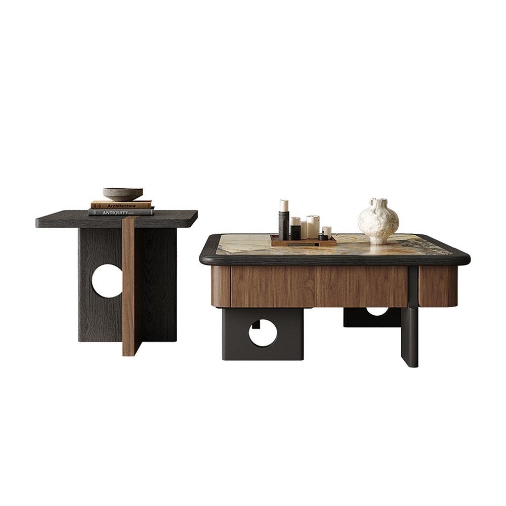 Wabi Sabi Sintered Stone Walnut Veneer Nesting Coffee Table Set