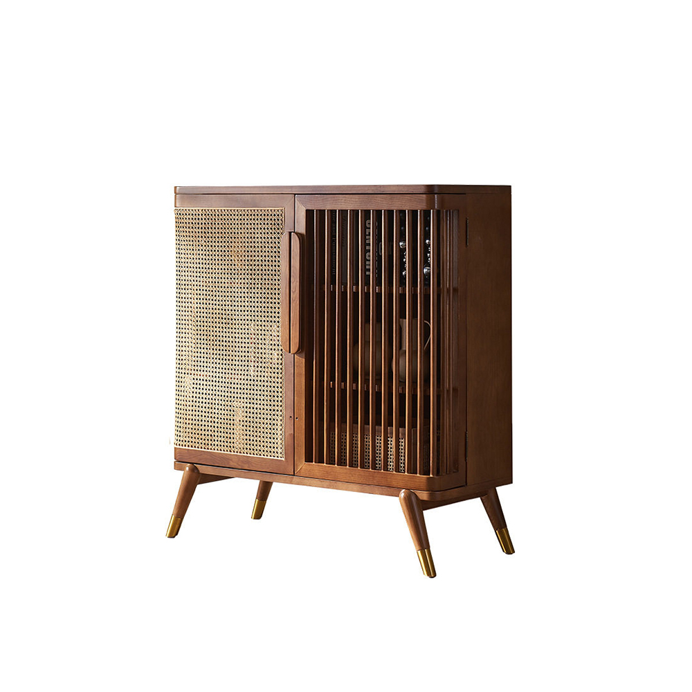 Wood Rattan Slatted Door Adjustable Storage Accent Cabinet