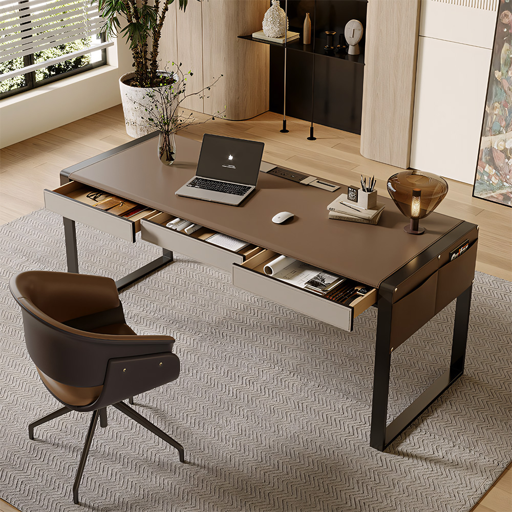 Full Grain Leather Top Solid Wood High Gloss Stainless Steel Writing Desk