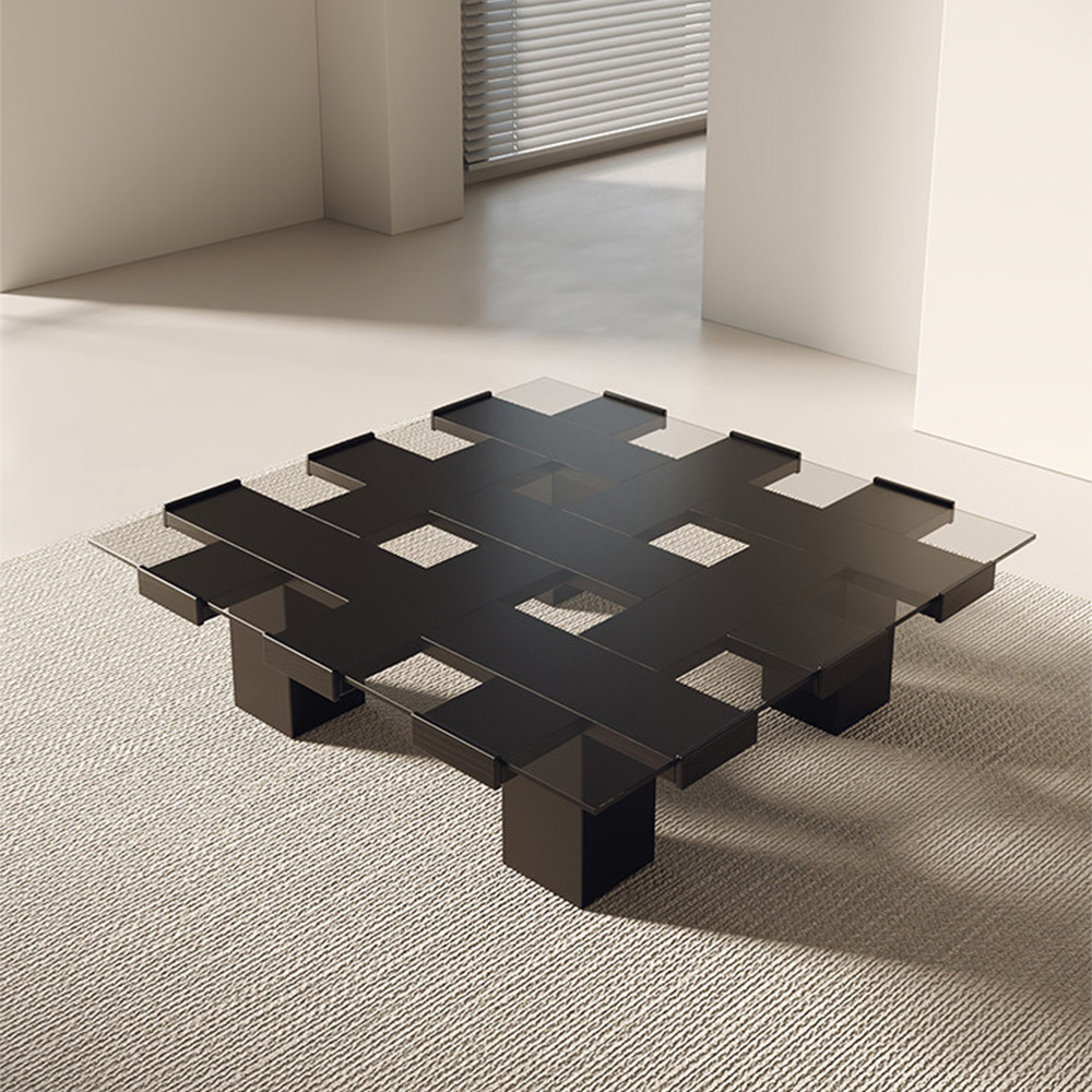 Tempered Glass Black Solid Wood Coffee Table