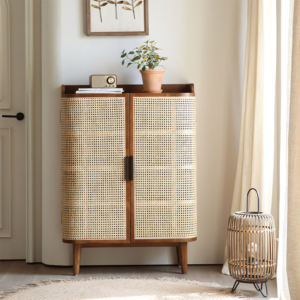 33.1" Wood Rattan Entryway Shoe Cabinet Organizer