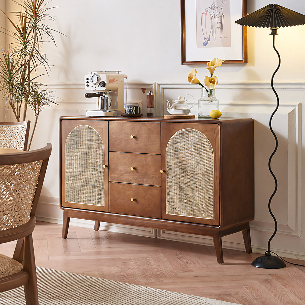 51.2" Multi Storage Solid Wood Sideboard With Woven Rattan Arched Doors Home Dining Furniture