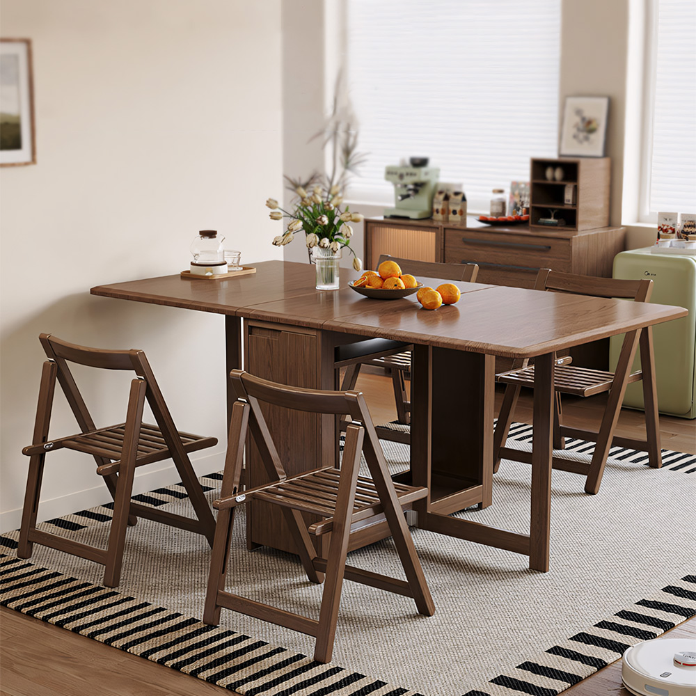 Space-Saving Folding Dining Table with Built-In Chair Storage and Wood Grain Finish