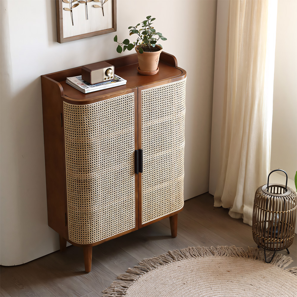 33.1" Wood Rattan Entryway Shoe Cabinet Organizer