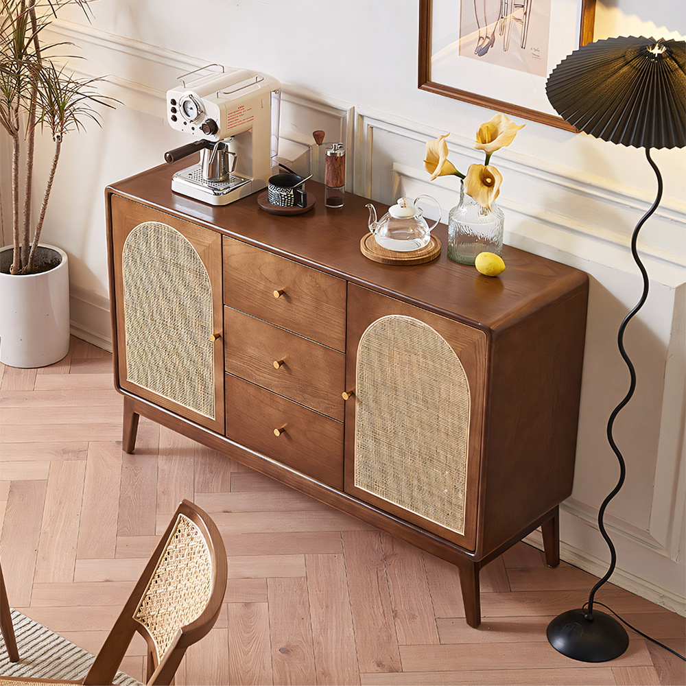 51.2" Multi Storage Solid Wood Sideboard With Woven Rattan Arched Doors Home Dining Furniture