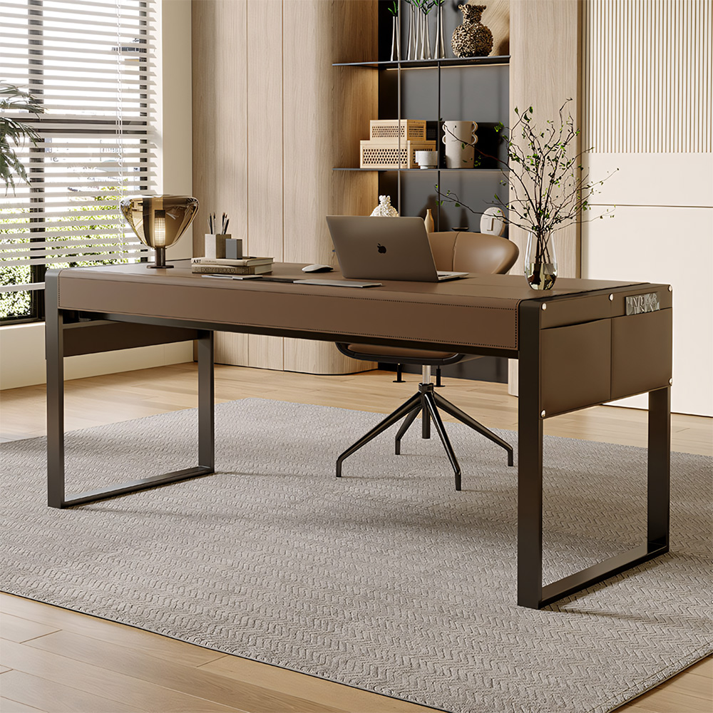 Full Grain Leather Top Solid Wood High Gloss Stainless Steel Writing Desk