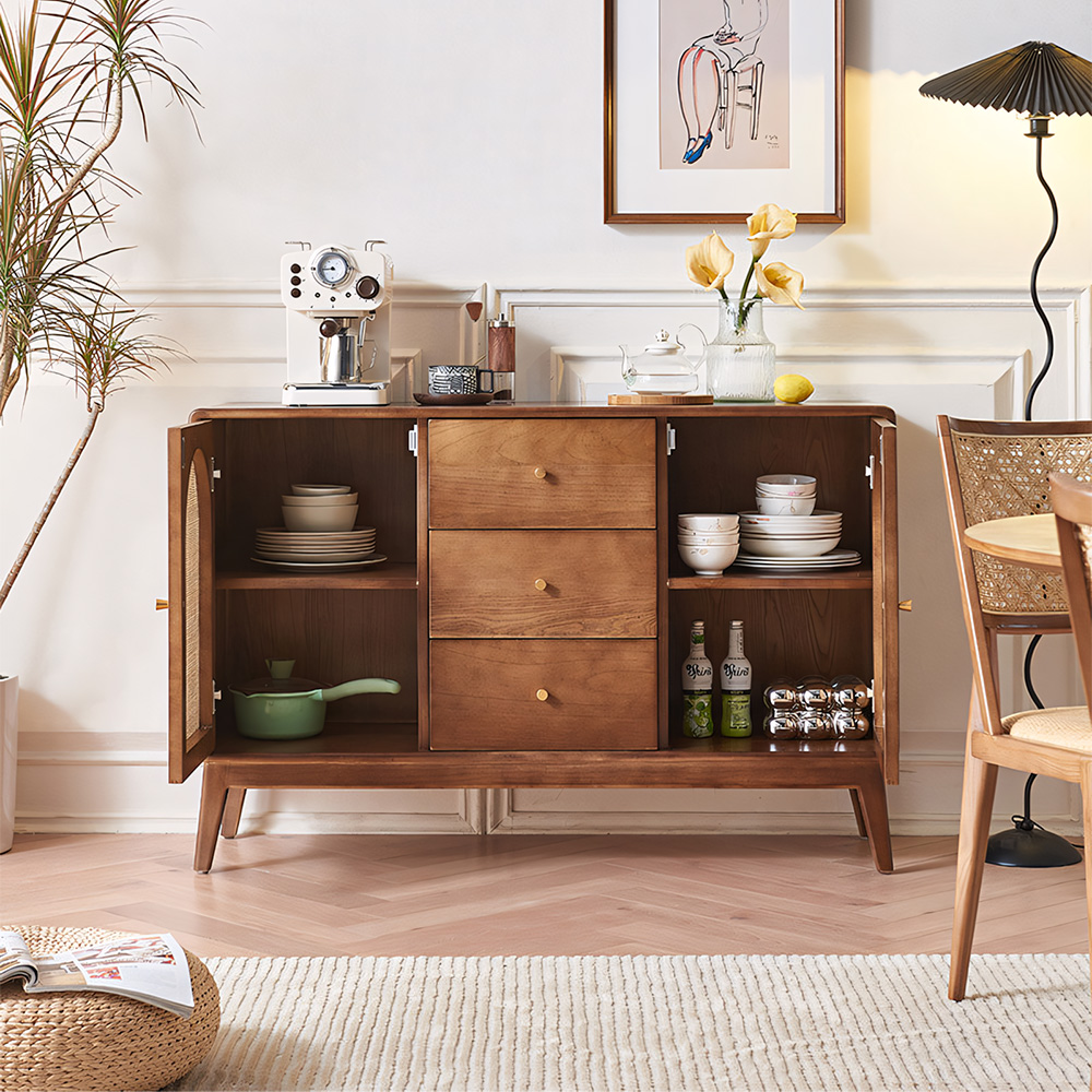 51.2" Multi Storage Solid Wood Sideboard With Woven Rattan Arched Doors Home Dining Furniture