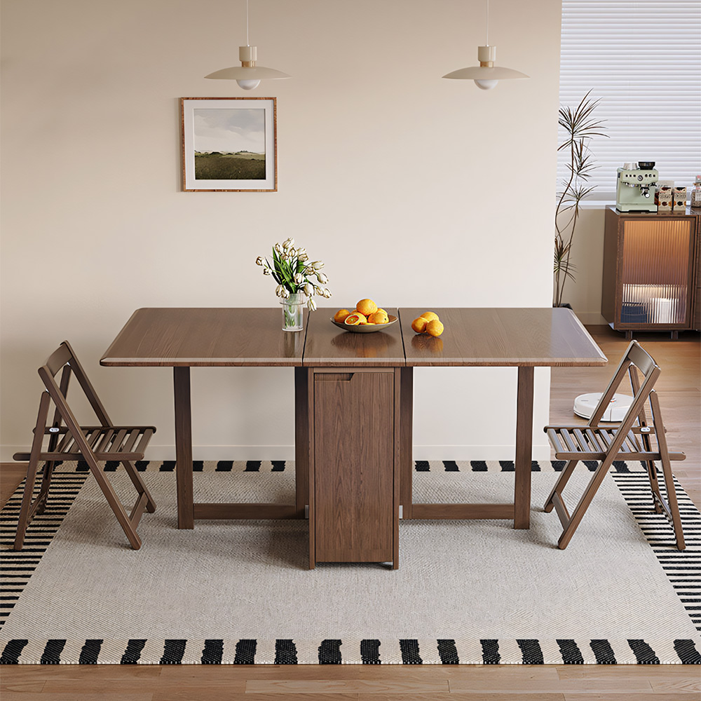 Space-Saving Folding Dining Table with Built-In Chair Storage and Wood Grain Finish