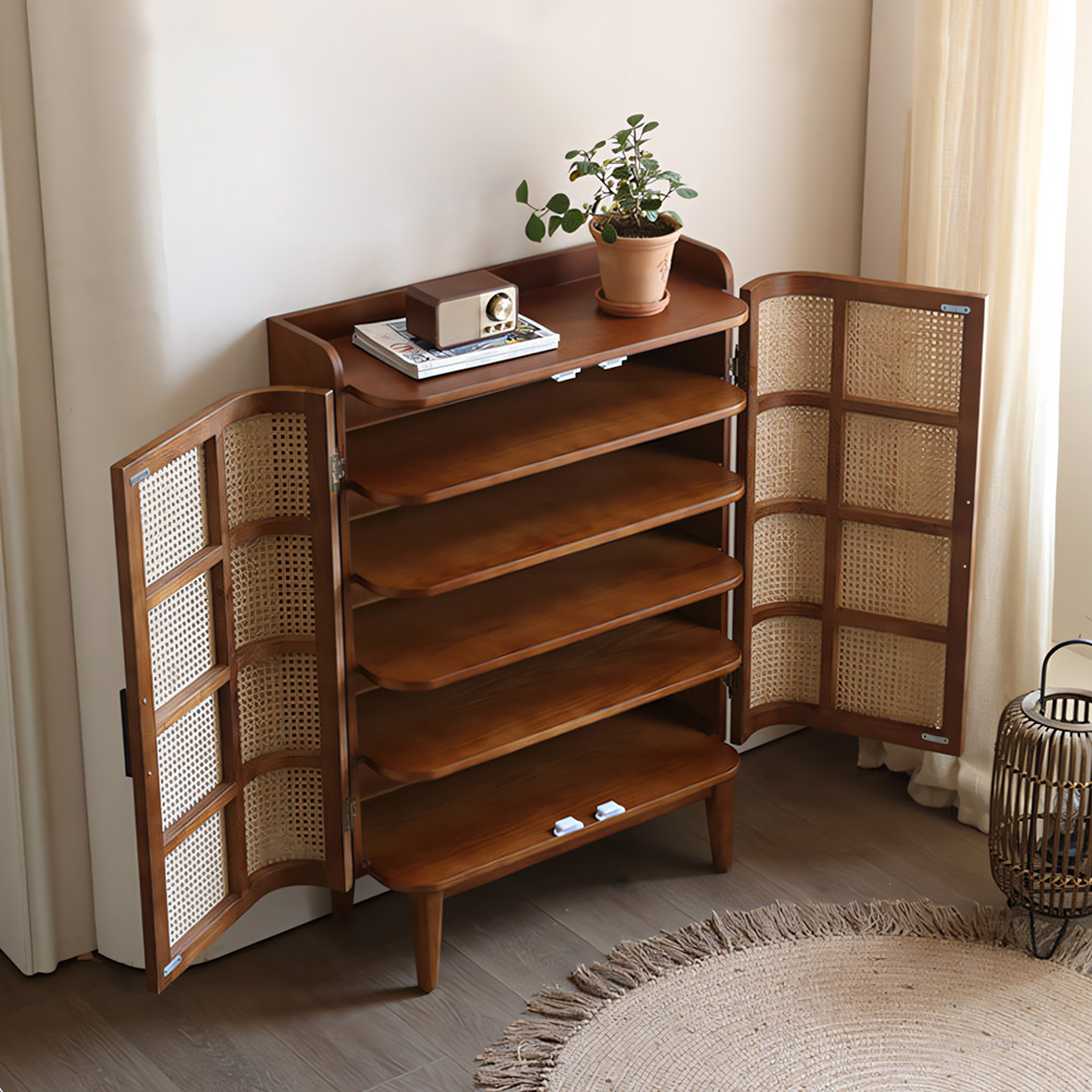 33.1" Wood Rattan Entryway Shoe Cabinet Organizer