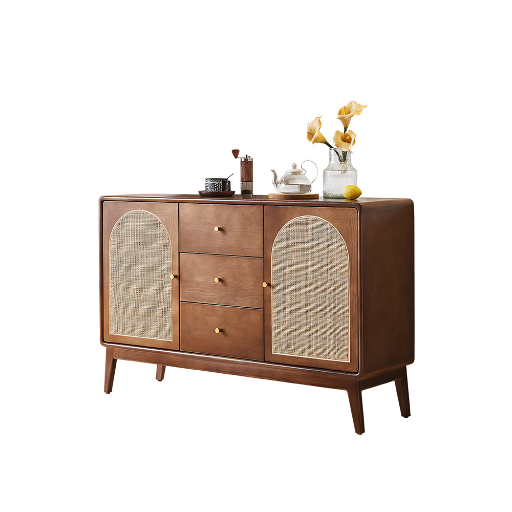 51.2" Multi Storage Solid Wood Sideboard With Woven Rattan Arched Doors Home Dining Furniture