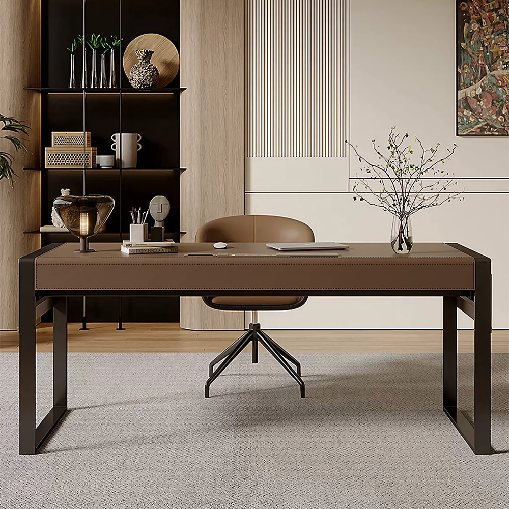 Full Grain Leather Top Solid Wood High Gloss Stainless Steel Writing Desk