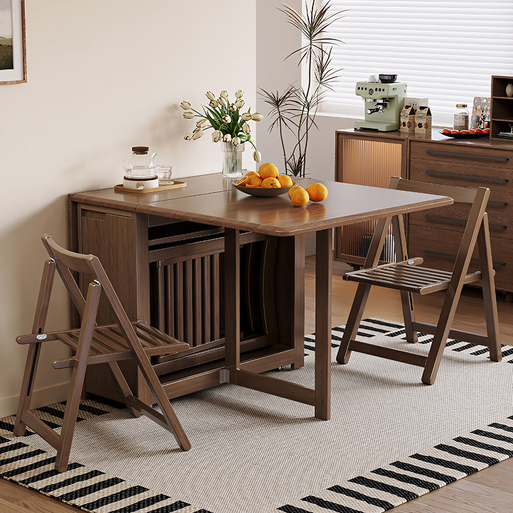 Space-Saving Folding Dining Table with Built-In Chair Storage and Wood Grain Finish